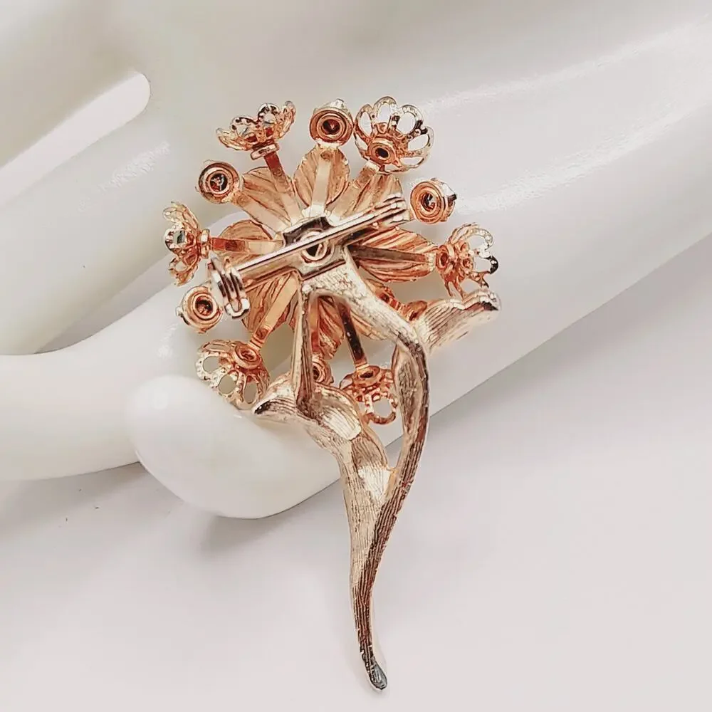 Vintage Blue Rhinestone Flower Brooch Gold Tone Floral Stem Pin